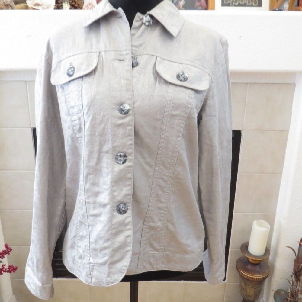 Coldwater Creek Women's Metallic Sheen Lagenlook Jacket Cotton Gray M EUC